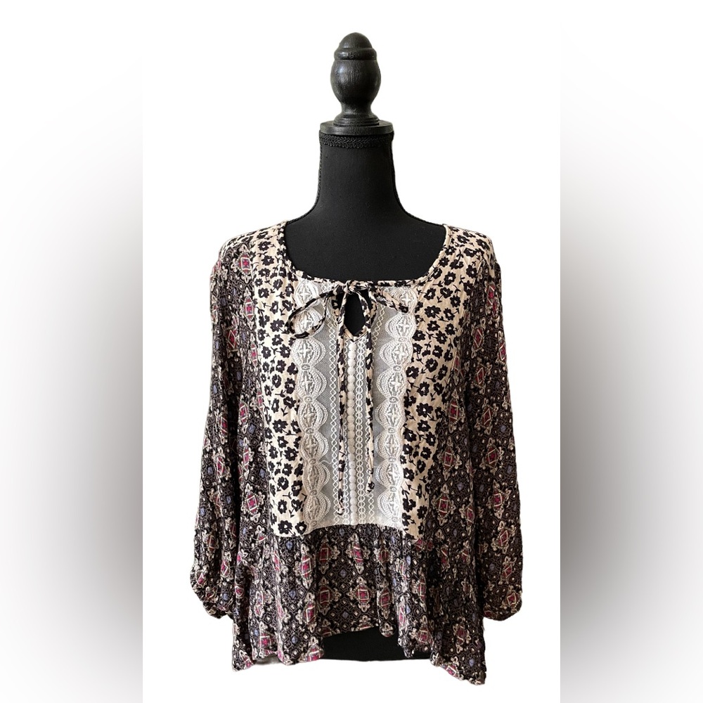 Angie: Boho Bohemian Mix Print Blouse with a Lace Front Panel